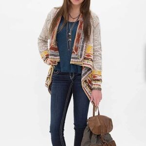 Freeway Cream Multicolor Patterned Open Front Cardigan